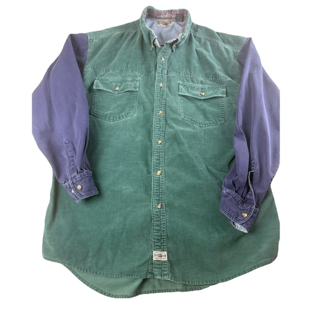 VTG County Seat Color Block Corduroy Shirt Mens XL Green Purple Button Up 90s